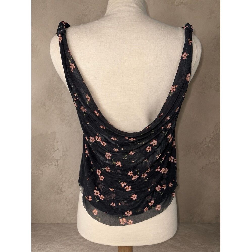 Free People Sz L AFRM Asher 2-Ply Mesh Cowl Top Black Pink Floral Sheer Draped T - Picture 7 of 12
